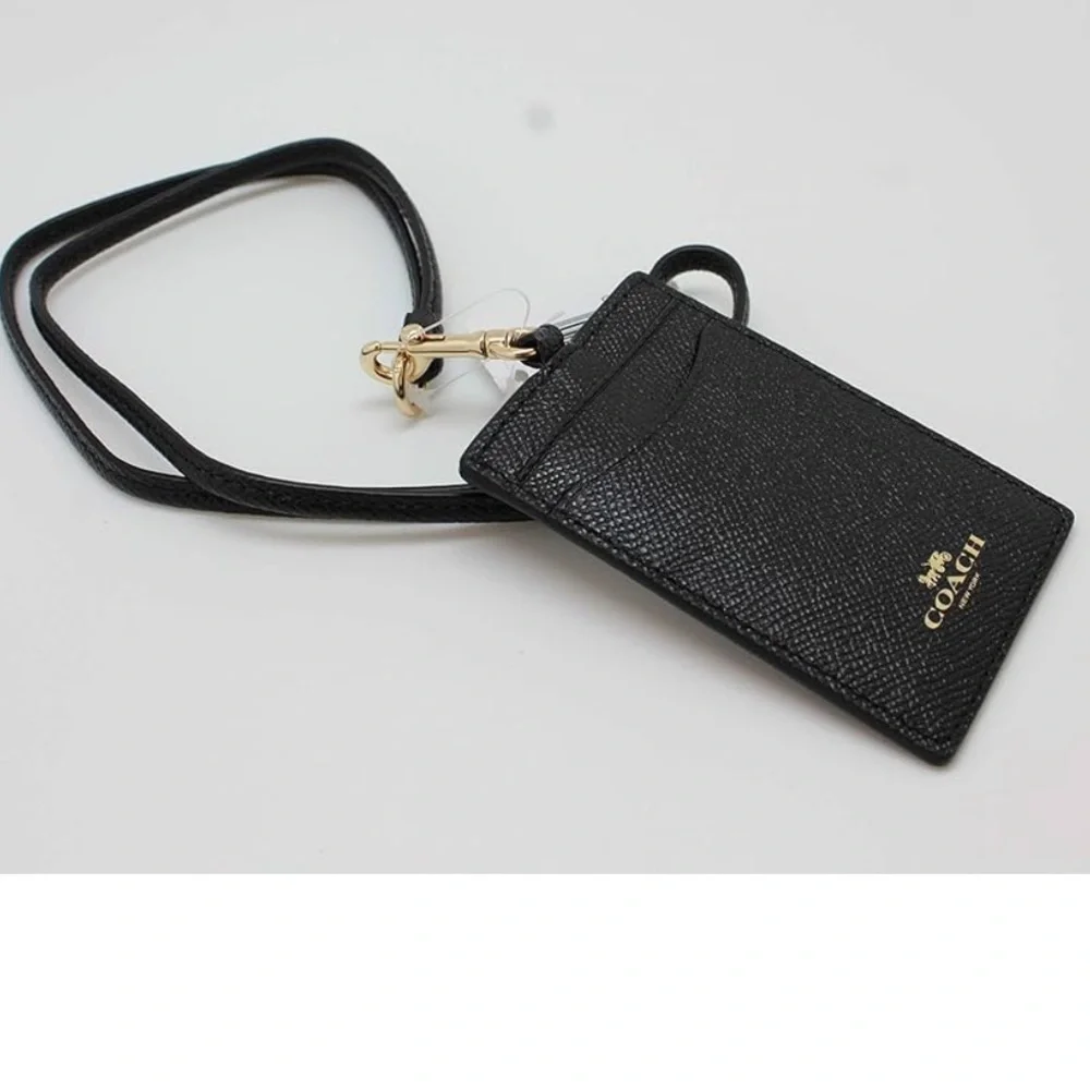 Coach ID Lanyard Badge Holder In Crossgrain Leather (Black/Gold) (new)